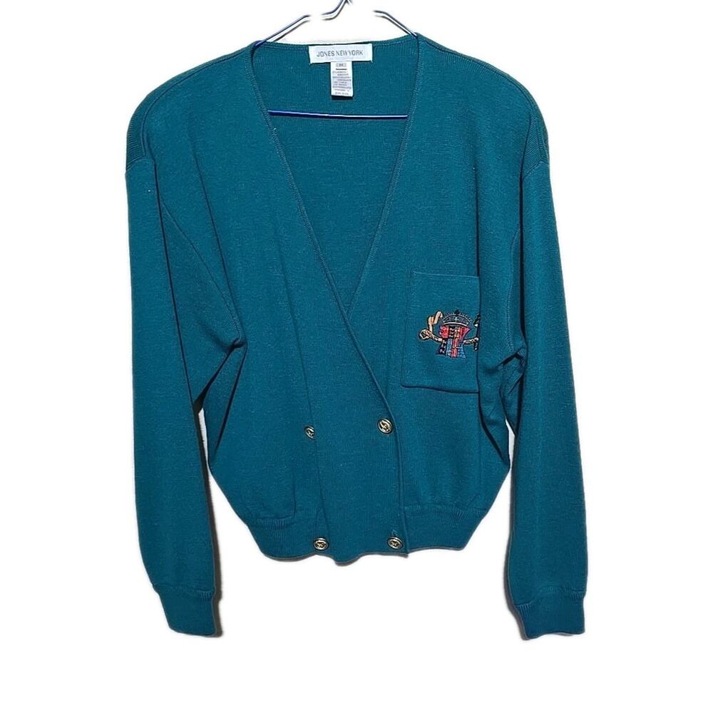 Vtg Jones New York‎ Teal Lambswool Dark Academia Cardigan Sweater Womans Medium